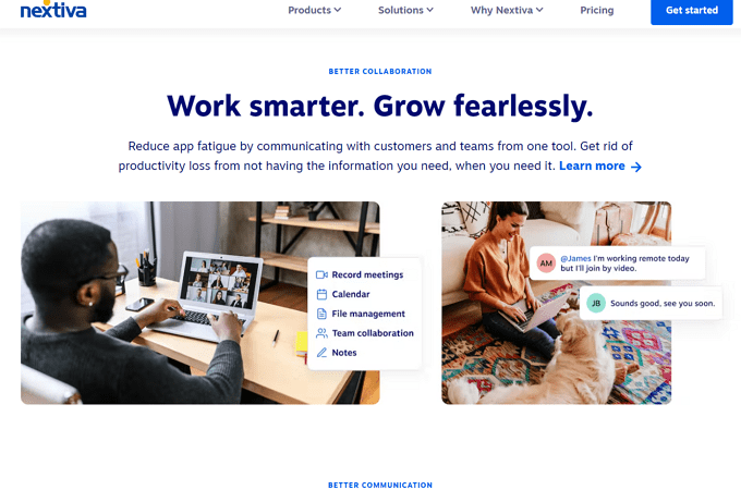 Screenshot of Nextiva webpage for better collaboration with headline that says, "Work smarter. Grow fearlessly."