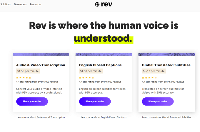 Screenshot of Rev home page