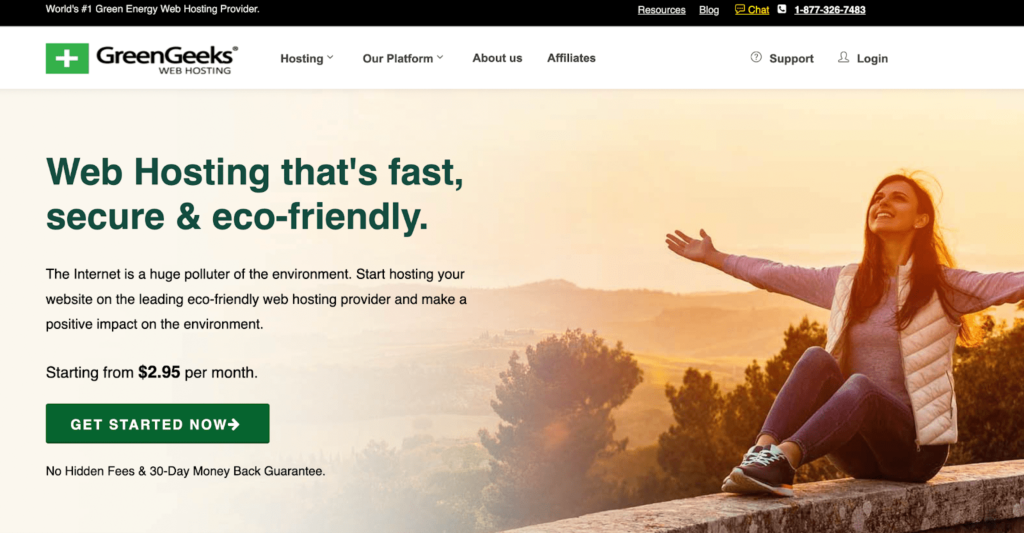 Screenshot of GreenGeeks webpage for web hosting that's fast, secure, and eco-friendly