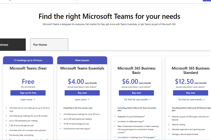 Screenshot of Microsoft Teams pricing plans