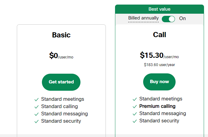 Screenshot of Webex pricing plans