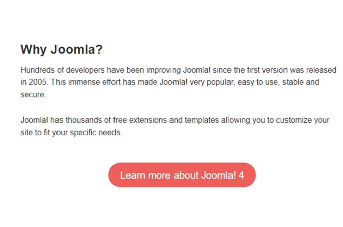 Screenshot of webpage that explains how Joomla has been improved since 2005 and has thousands of free extensions and templates to fit your needs
