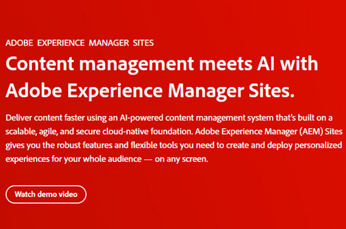 Screenshot of Adobe Experience Manager Sites webpage with headline that says, "Content management meets AI with Adobe Experience Manager Sites."