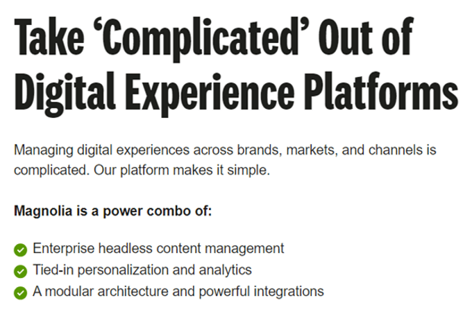 Screenshot of Magnolia webpage that explains how Magnolia makes it simple to manage digital experiences across brands, markets, and channels