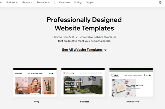 Screenshot of Wix webpage that shows examples of professionally designed website templates
