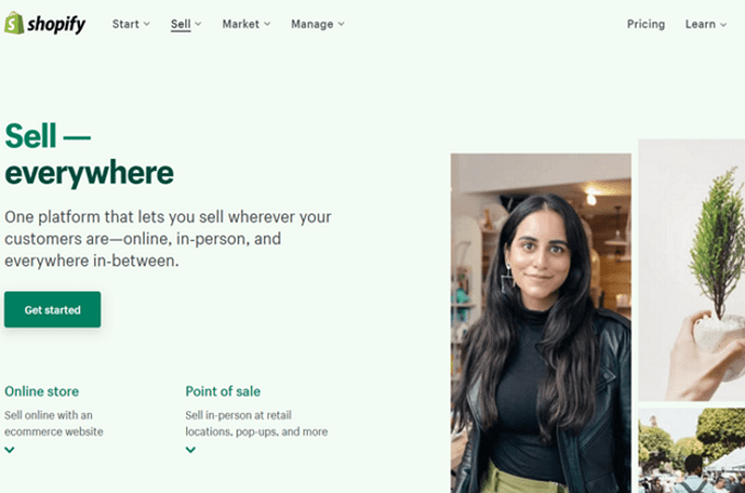 Screenshot of Shopify webpage that explains how you can sell online, in-person, and everywhere in-between with Shopify
