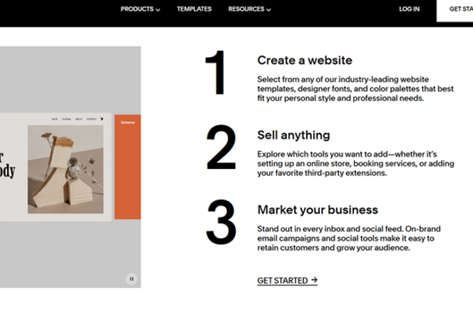 Screenshot of Squarespace webpage that lists three steps to get started: Create a website, Sell anything, and Market your business.
