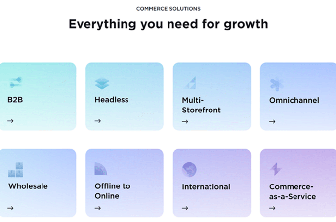 Screenshot of BigCommerce webpage that lists commerce solutions they offer, including B2B, Headless, Multi-Storefront, Omnichannel, Wholesale, Offline to Online, International, and Commerce-as-a-service