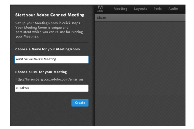 A screenshot showing the controls for beginning an Adobe Connect Meeting Room.