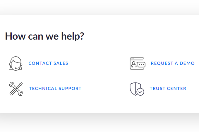A screenshot showing the ways Zoom offers support to its customers.