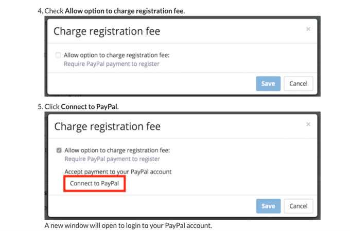 A screenshot showing users how to set up PayPal payments for Zoom webinars.