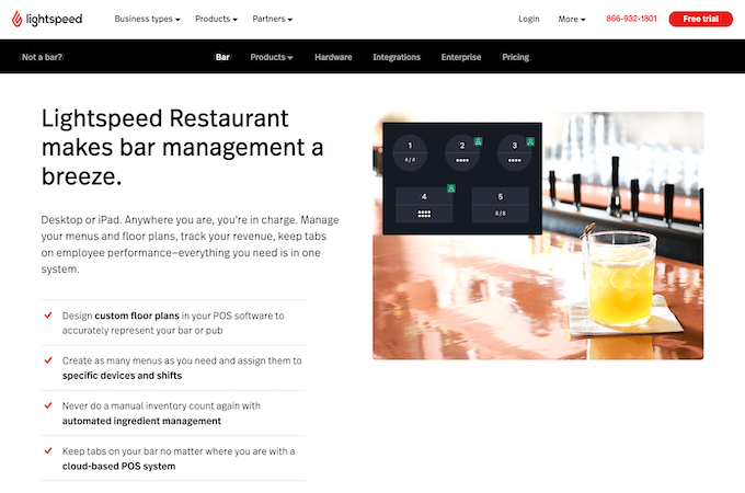 Screenshot of Lightspeed restaurant POS bar webpage.