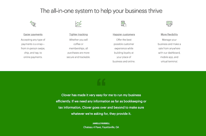 Screenshot of Clover retail POS systems webpage - The all-in-one system to help business thrive