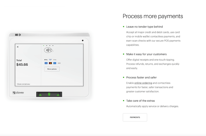 Screenshot of Clover POS webpage - process more payments