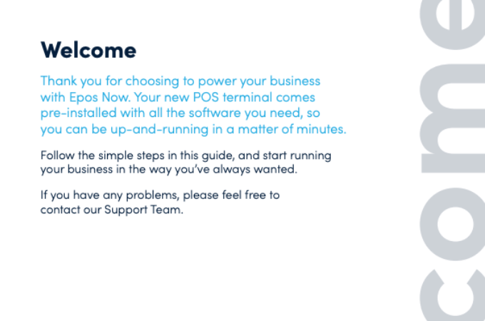 Screenshot of first page of Epos Now getting started manual that explains how you can be up-and-running in a matter of minutes