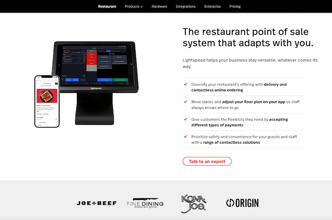 Screenshot of Lightspeed Restaurant webpage - the restaurant point of sale system that adapts with you
