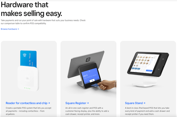 Screenshot of Square POS webpage - Hardware that makes selling easy
