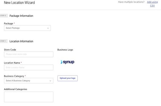 Synup local SEO tool new location wizard screen.