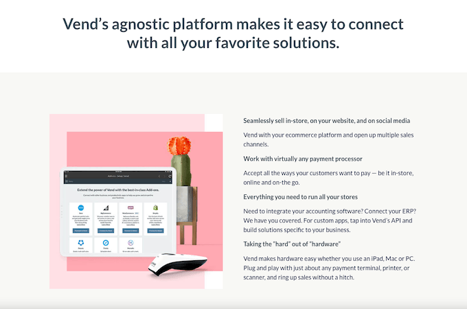 Screenshot of Vend POS webpage - platform that makes it easy to connect with your favorite solutions