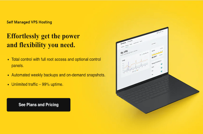 A picture of an open laptop on the right and text that reads “Effortlessly get the power and flexibility you need” with features of GoDaddy’s VPS hosting plan listed below, all against a yellow background.