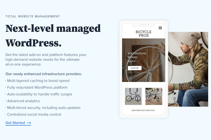 Text on the left side that reads “Next-level managed WordPress” with a list of managed hosting features below it. On the right is an image of a mobile website on a phone and a man sitting down and working on a bicycle wheel.