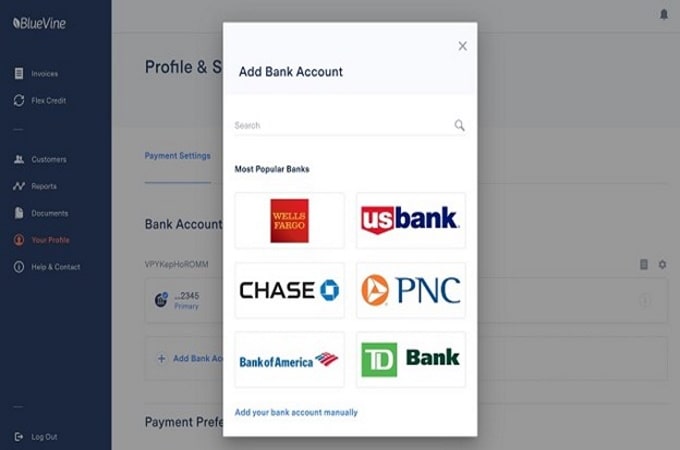 Bluevine checking account dashboard with popup search for another bank account to add