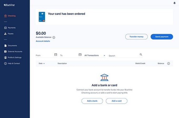 Bluevine checking account dashboard showing available balance with a message at the top telling you your card has been ordered
