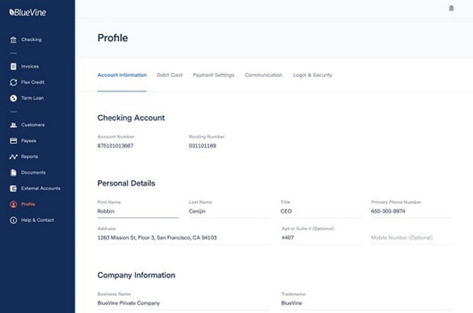 Bluevine account profile screen with checking account number and personal details