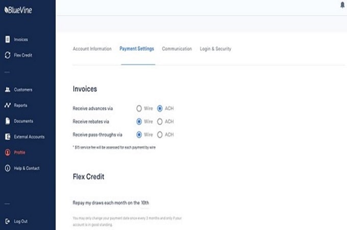 Bluevine payment settings dashboard with invoice settings options