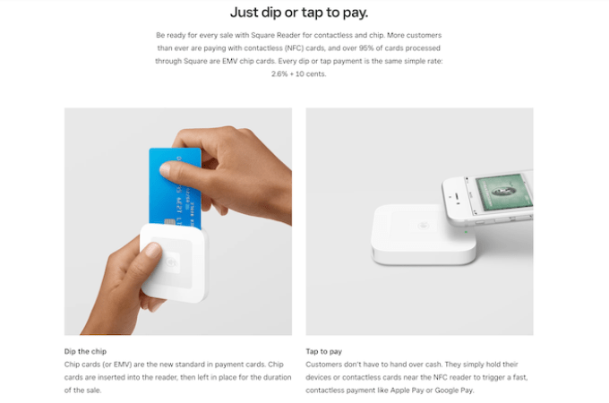Screenshot of webpage for the Square card reader showing how you can dip the chip or tap to pay