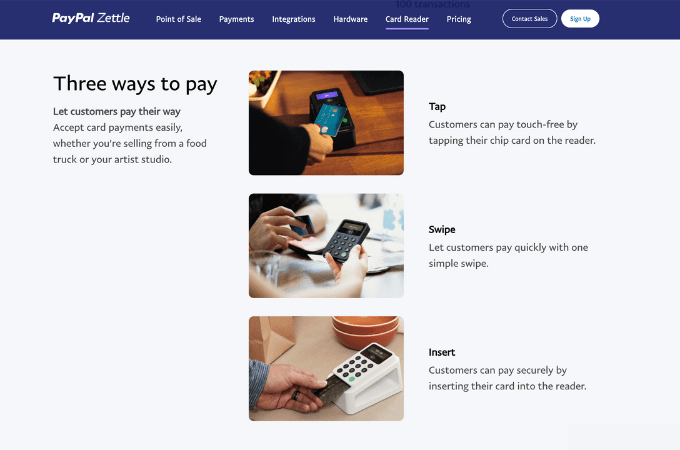 Screenshot of the PayPal Zettle homepage showing how you can tap, swipe, or insert your card