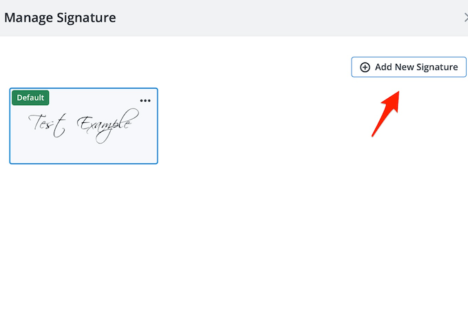 Screenshot of SignNow Manage Signature page with red arrow pointing to Add New Signature button