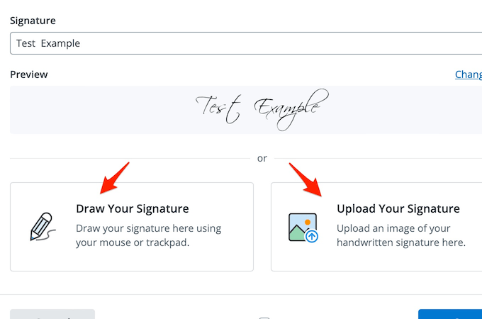 Screenshot of SignNow page to add signature with red arrows pointing to Draw Your Signature and Upload Your Signature options