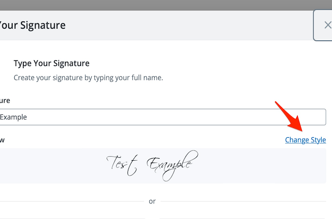 Screenshot of SignNow page to add signature with red arrow pointing to Change Style button