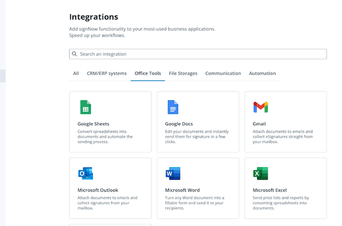 Screenshot of SignNow Integrations page