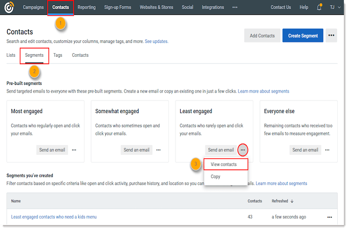 Screenshot of Constant Contact user dashboard with red boxes around Contacts, Segments, and View Contacts