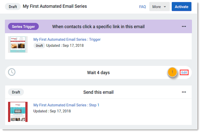 Screenshot of a draft of Constant Contact automated email series with red box around Edit button