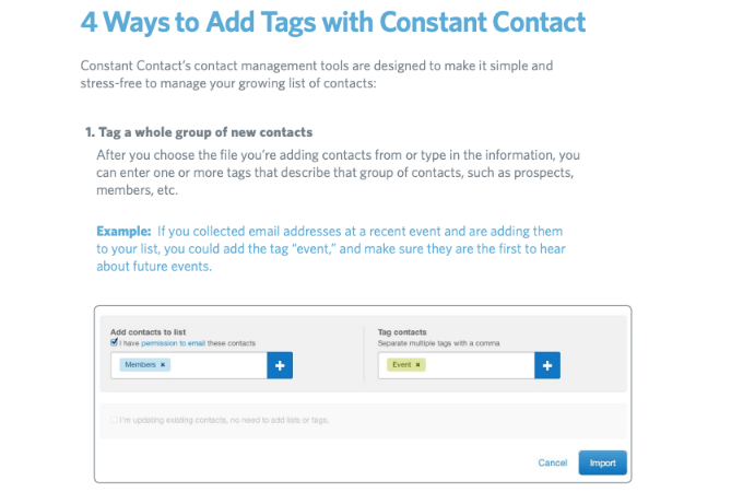 Screenshot of Constant Contact webpage that shows how to add tags with Constant Contact