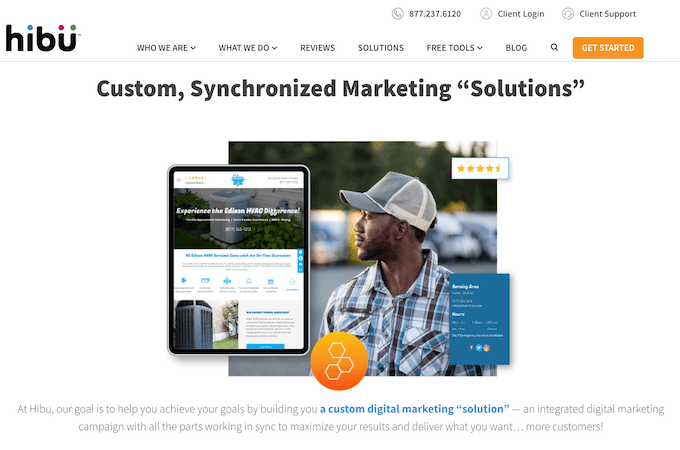 Screenshot of Hibu webpage for custom, synchronized marketing solutions