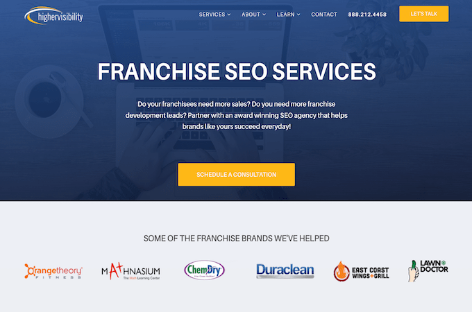 Screenshot of HigherVisibility webpage for franchise SEO services