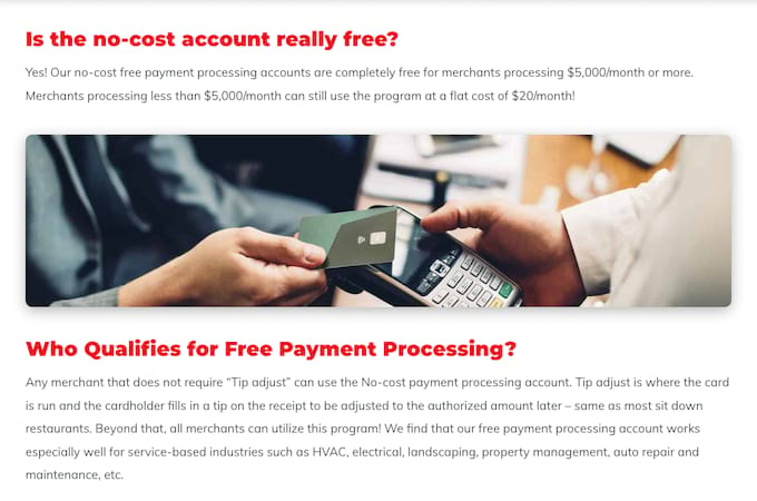 Screenshot from Host Merchant Services website describing their no-cost account with qualifiers.