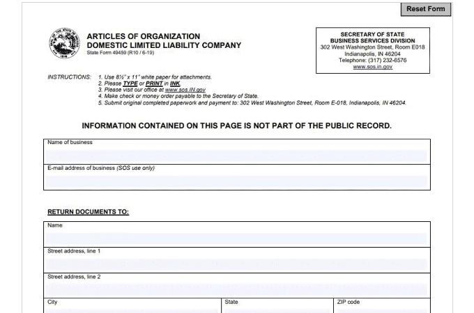 Sample of the top half of a form for filing Articles of Organization.