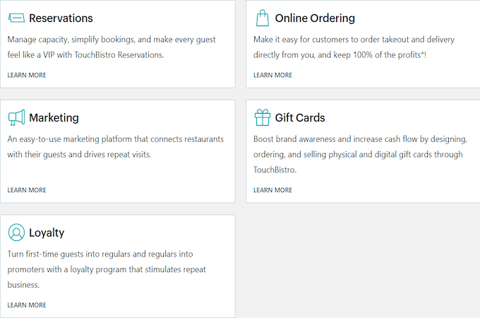 TouchBistro add-on packages including reservations, online ordering, gift cards, marketing, and loyalty