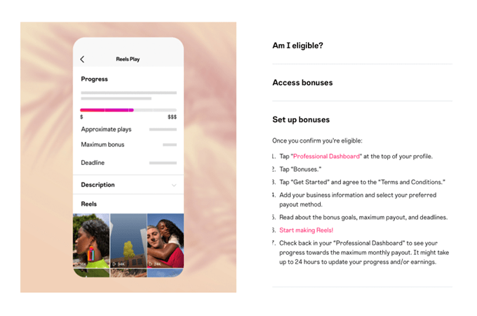 Screenshot of Instagram's Reel's bonuses page