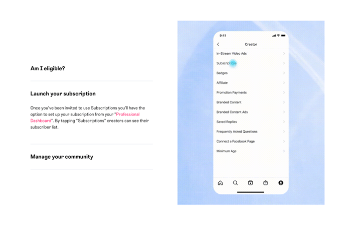 Screenshot of Instagram's subscription feature page