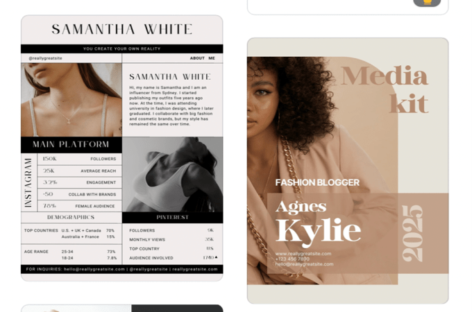 A screenshot from Canva giving examples of what a professional media kit looks like. 