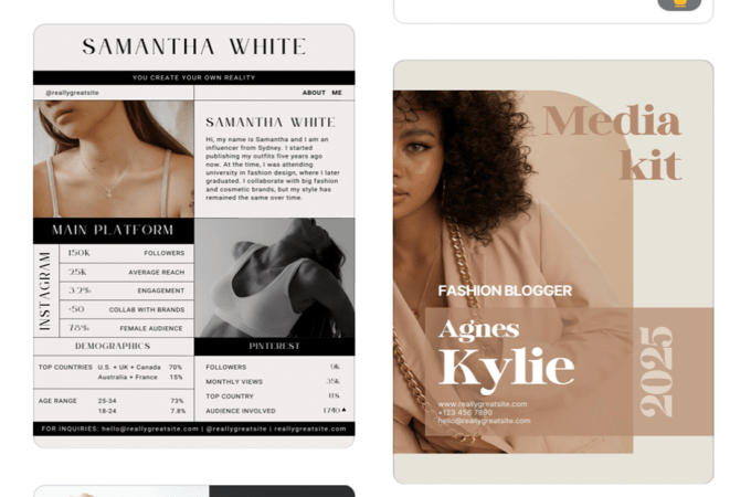 A screenshot from Canva giving examples of what a professional media kit looks like.