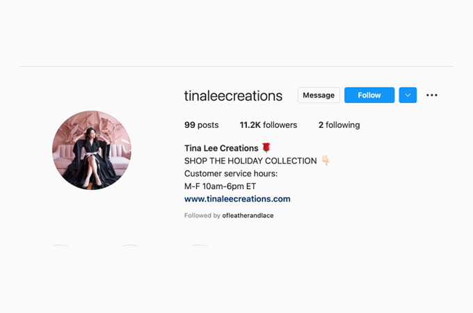 A screenshot of Tina Lee’s clothing line Instagram account, where she links to her store and lets users buy her products through her Instagram page. 