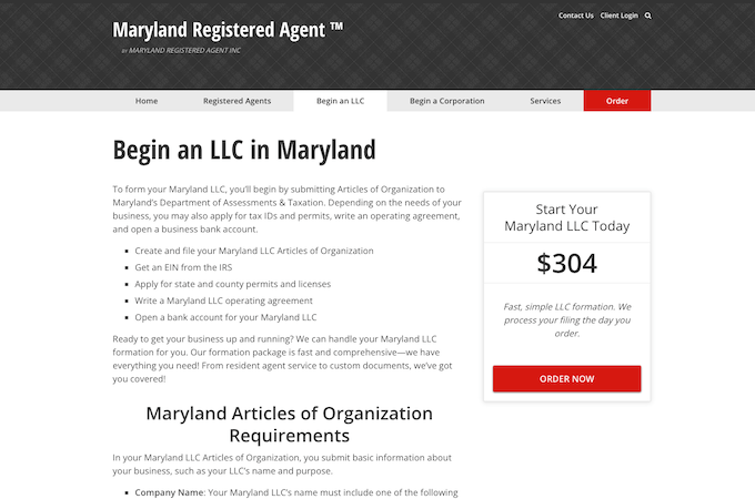 Screenshot of Maryland Registered Agent webpage to begin an LLC in Maryland