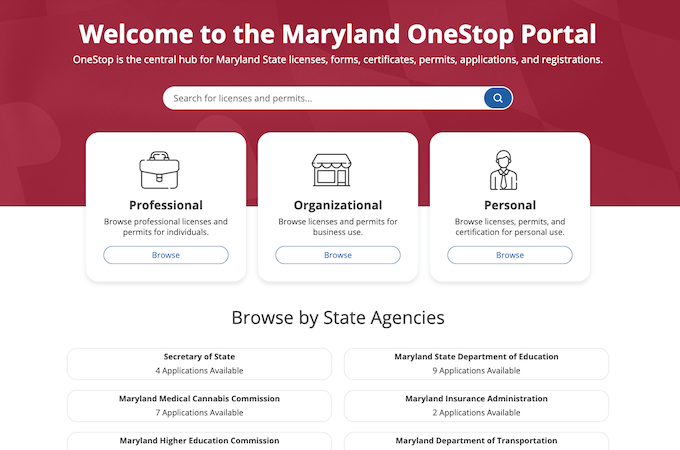 Screenshot of Maryland OneStop Portal webpage